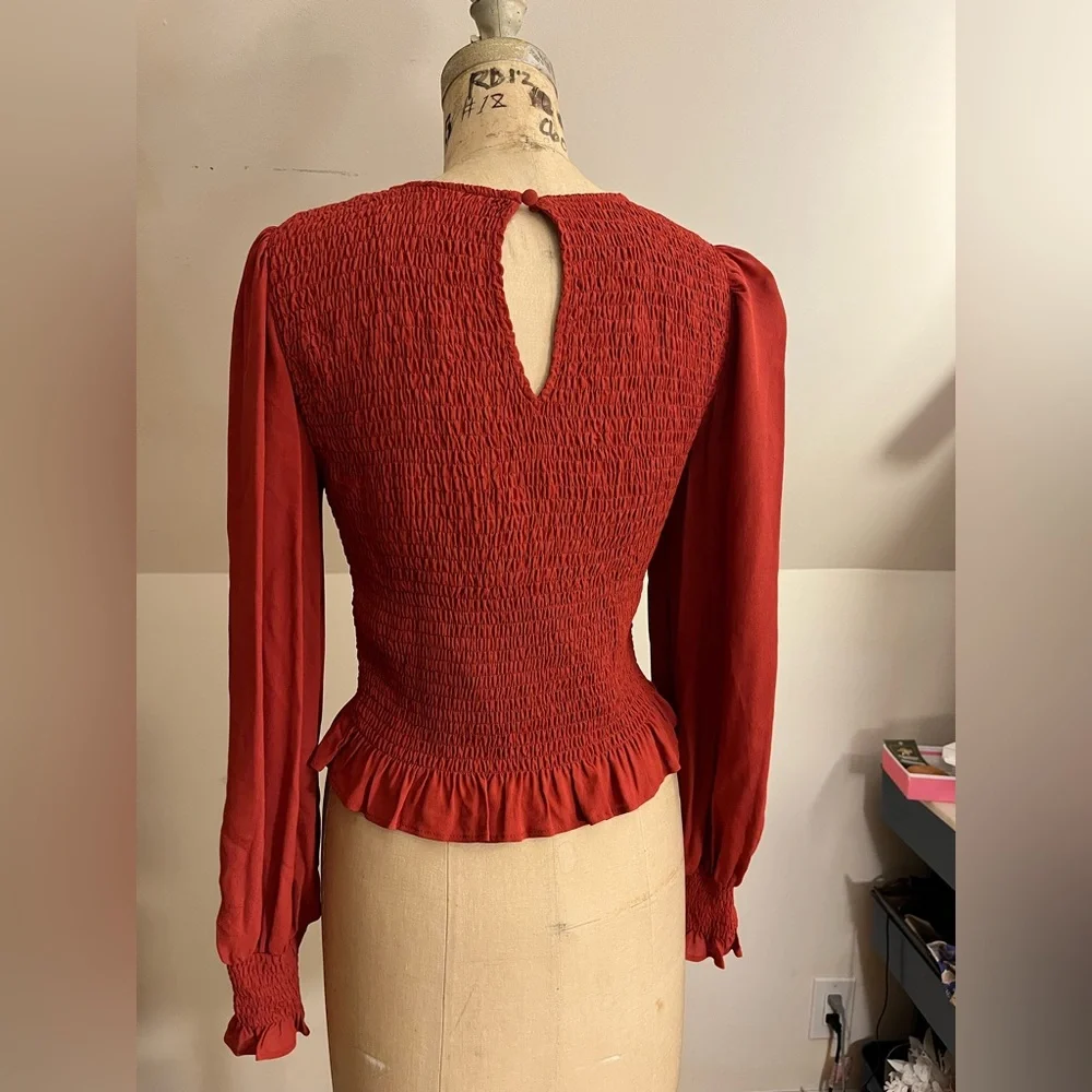Boden Red Smocked Peplum Long-Sleeve Blouse